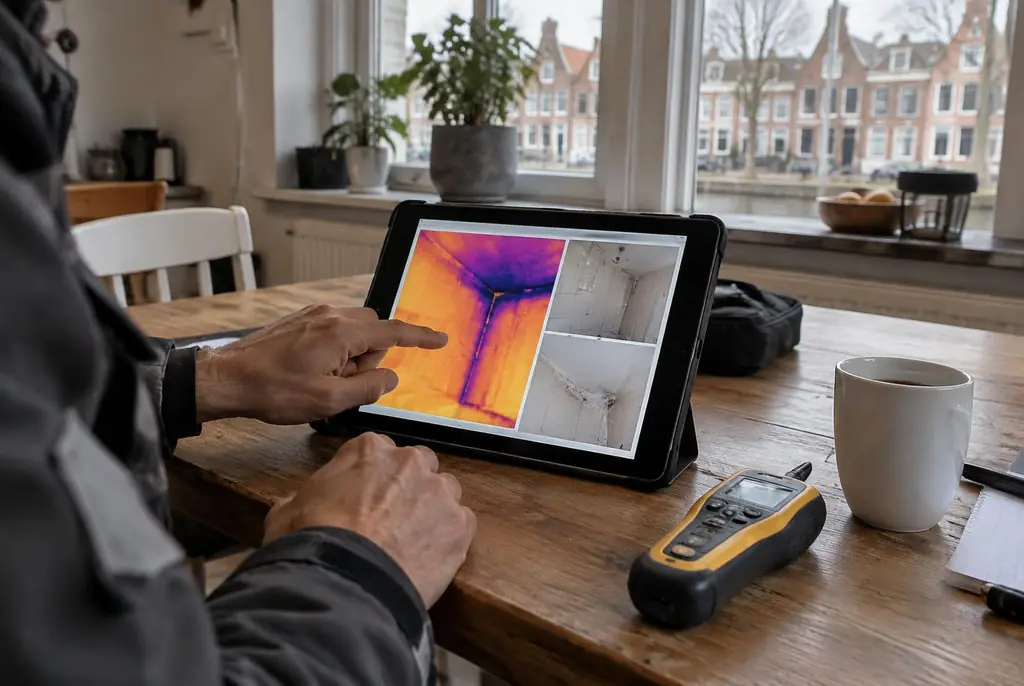 Lekdetectie Hattem – lekdetectierapport met warmtebeelden en foto's op een tablet