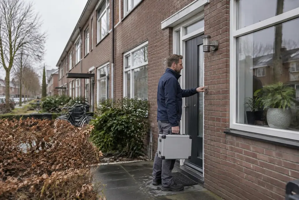 Lekdetectiespecialist met meetkoffer bij de voordeur van een woning in Hattem